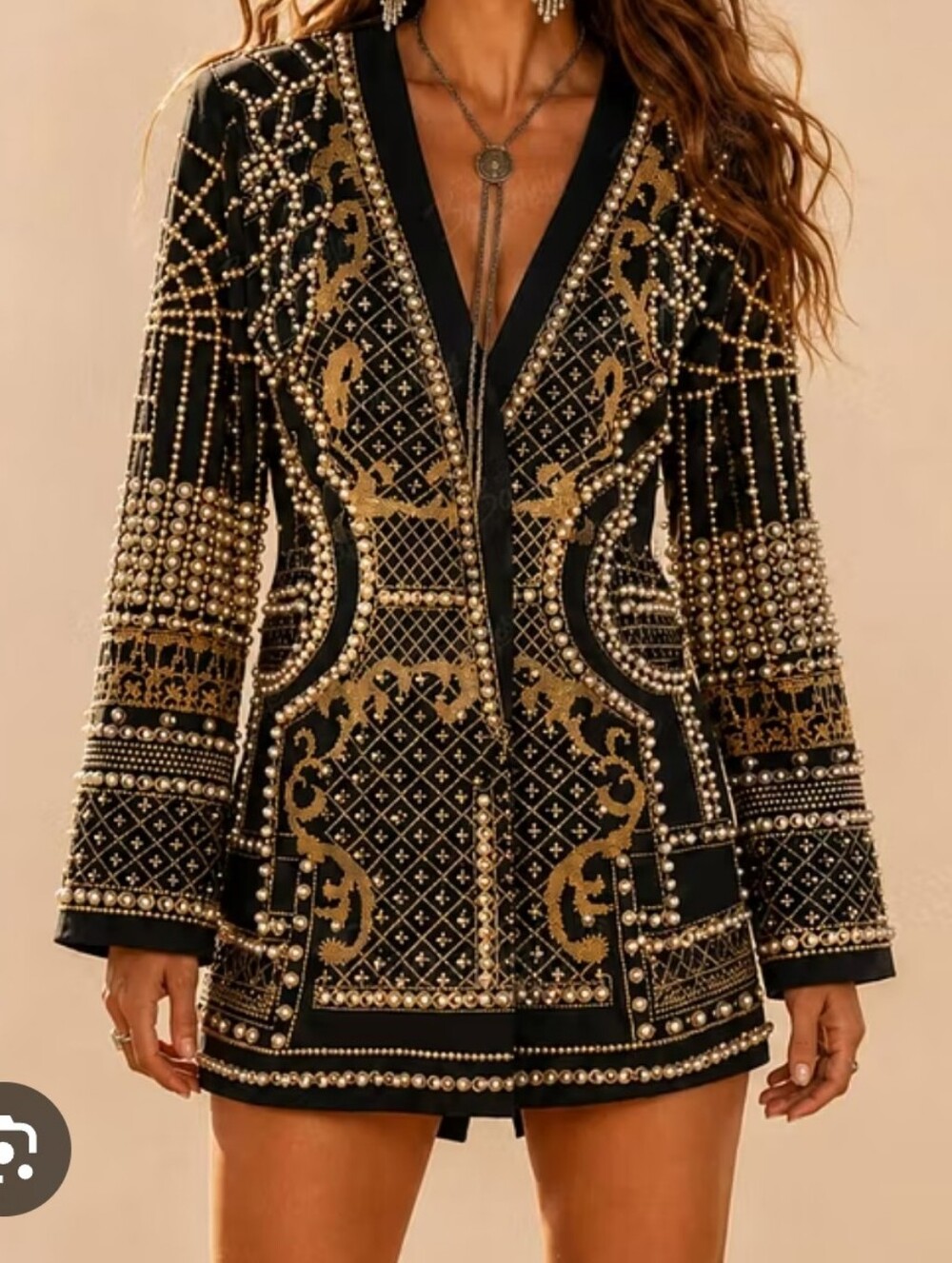 Black & Gold Embellished V-Neck Mini Dress Or Blazer With Pearls